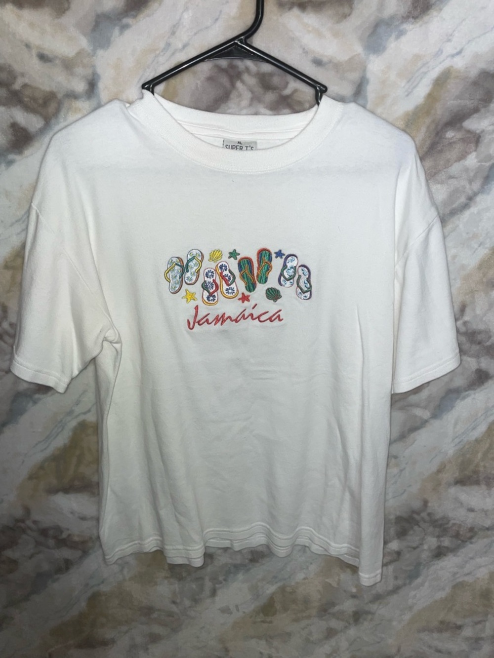 White Jamaica Graphic Tee with Colorful Flip-Flop Design
